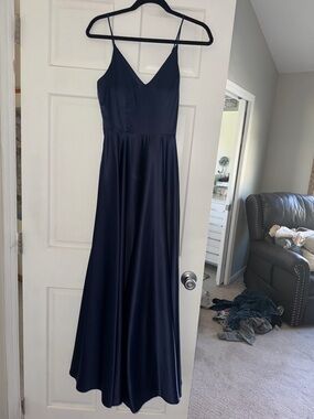 B Darlin Navy Satin V-Neck Spaghetti Strap Maxi